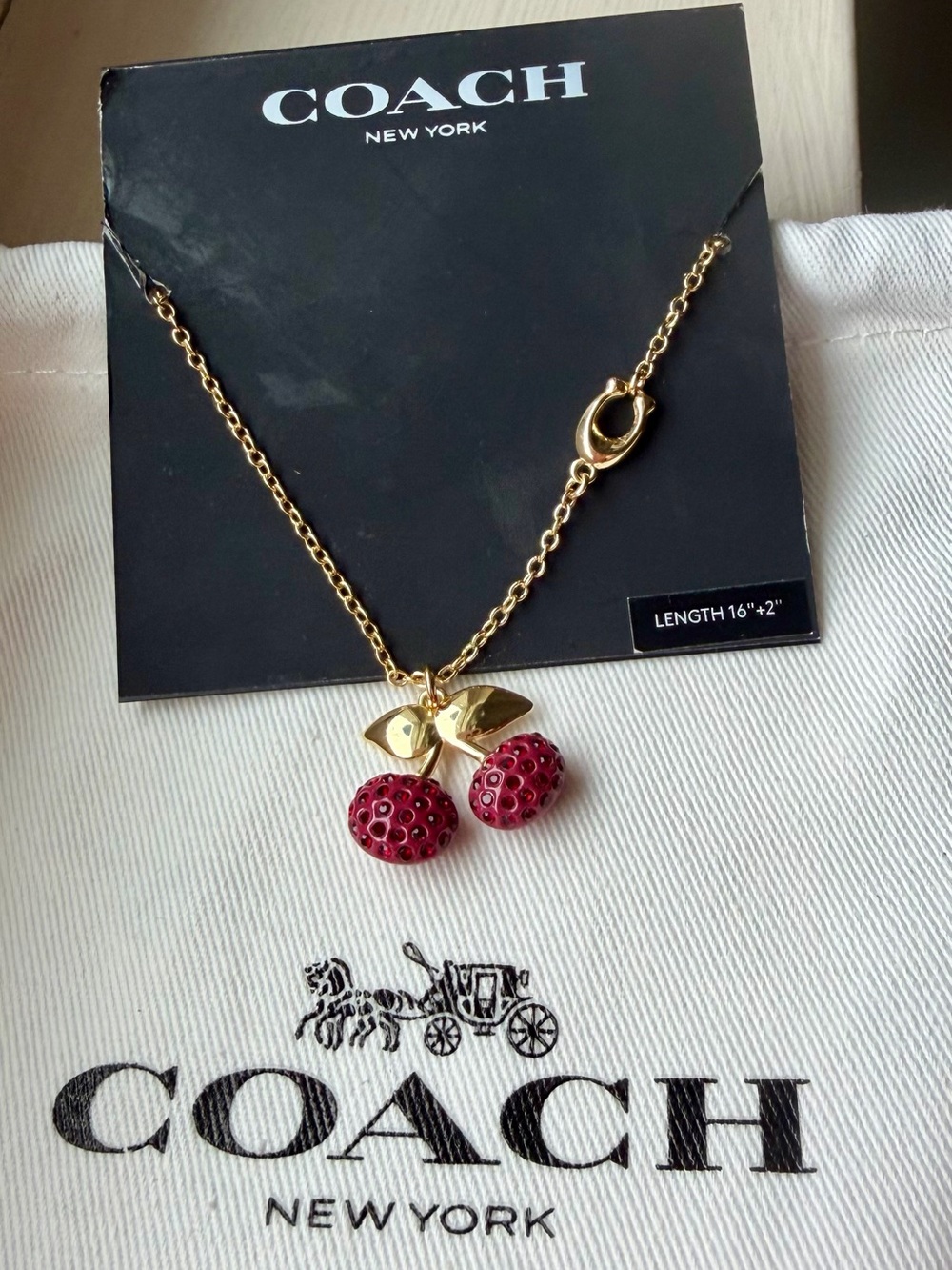 Coach Gold-Tone Necklace with Red Crystal Cherry Charms